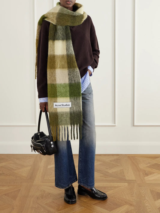 Acne Studios Fringed Checked Brushed Alpaca, Wool And Mohair-blend Scarf