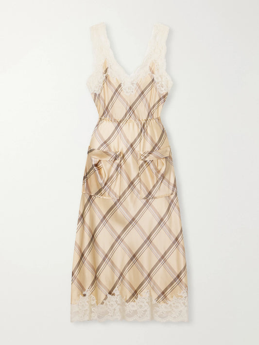 RABANNE Lace-trimmed Check-printed Silk-satin Midi Dress