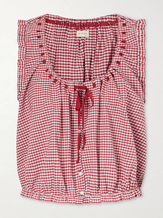 Traveler Gathered Checked Organic Cotton Blouse