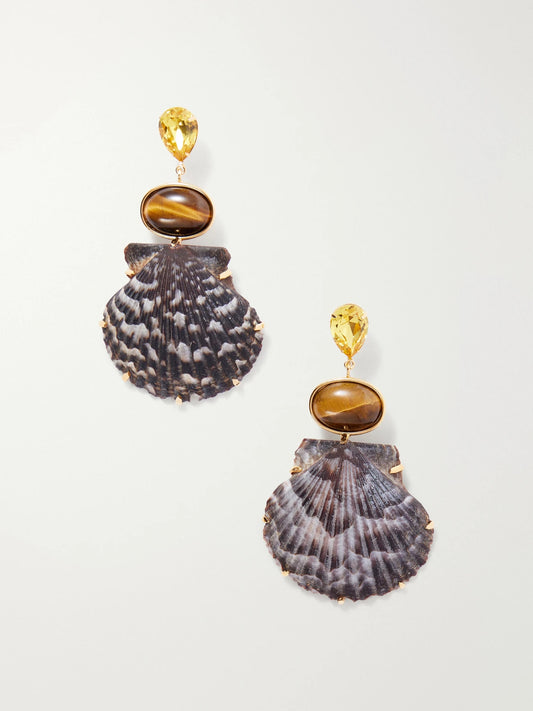 Augustine Gold-tone Crystal And Tiger Eye-embellished Seashell Earrings