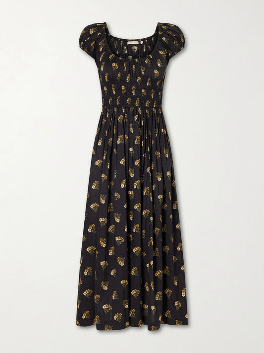 DÔEN Quinley Shirred Floral-print Cotton-blend Poplin Midi Dress