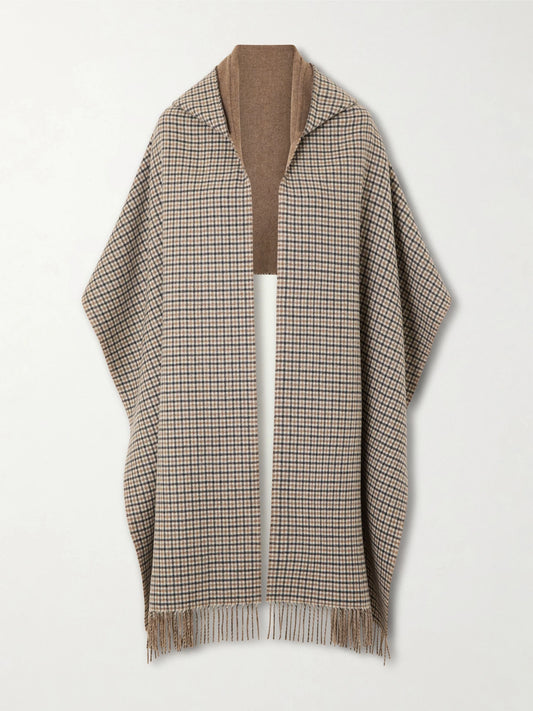 Brunello Cucinelli Hooded Fringed Checked Cashmere Wrap