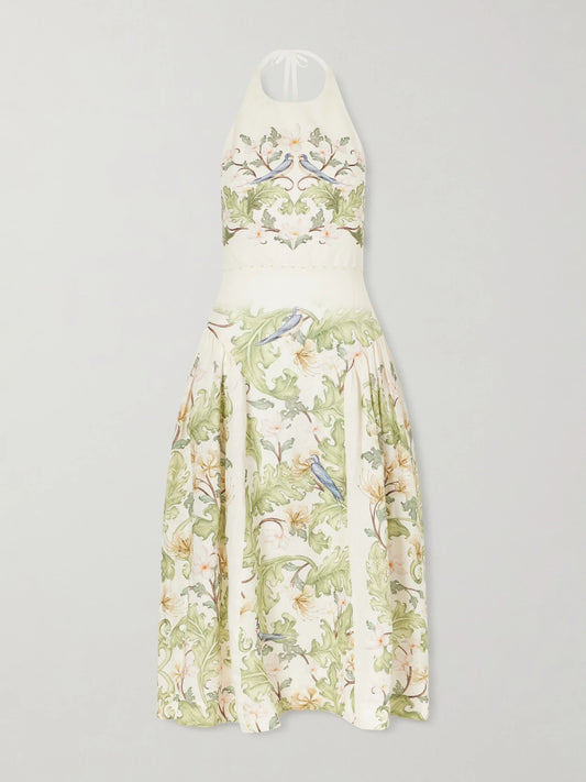 Balsa Anhelo Embellished Printed Halterneck Linen Maxi Dress