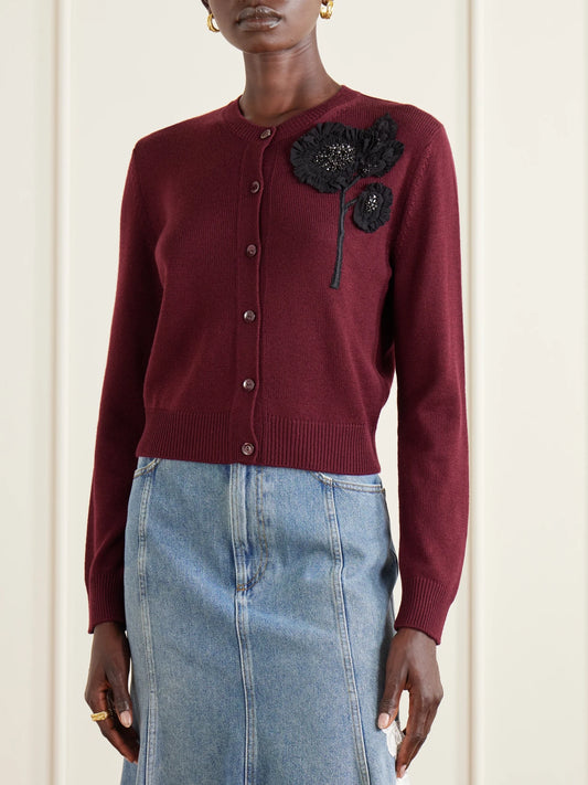 Embellished Ribbed Merino Wool Cardigan