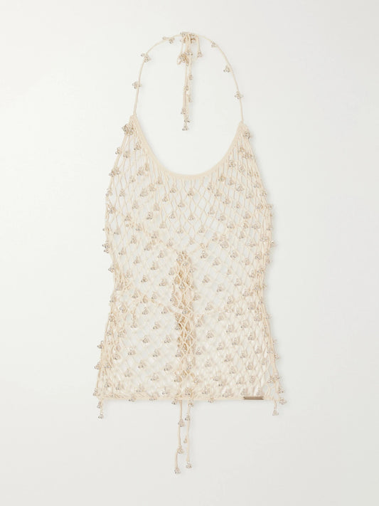 Yoshita 1967 Lilian Embellished Cotton Crochet-knit Halterneck Top