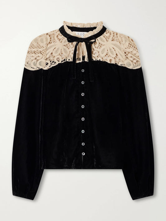 Sea Shiloh Bow-detailed Embroidered Velvet Blouse