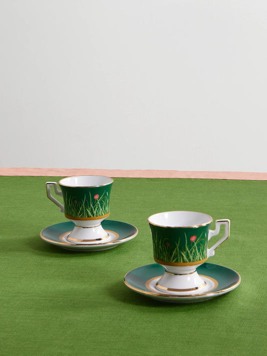 Set Of Two Gold-plated Painted Porcelain Espresso Cups And Saucers