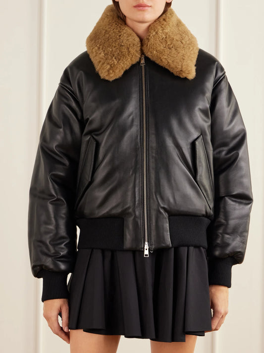 AMI PARIS Plush-trimmed Padded Leather Jacket