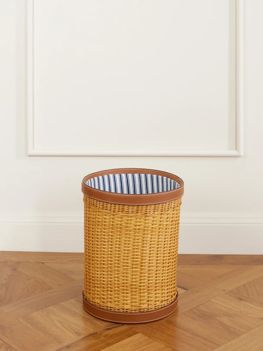 Bailey Leather-trimmed Rattan-woven Waste Bin