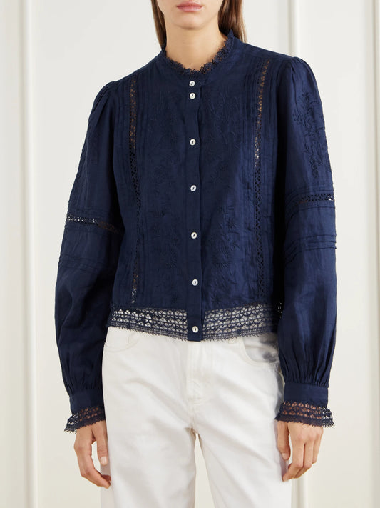 SKALL Velina Gathered Floral-embroidered Lace-trimmed Linen-twill Blouse