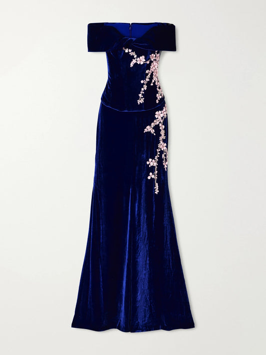 Costarellos Rielle Flower-appliqué Off-shoulder Velvet Gown
