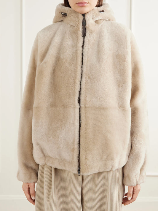 Brunello Cucinelli Reversible Hooded Monili-embellished Leather And Shearling Jacket