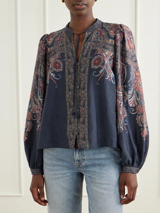 Sea Hyacinth Tie-detailed Printed Chiffon Blouse
