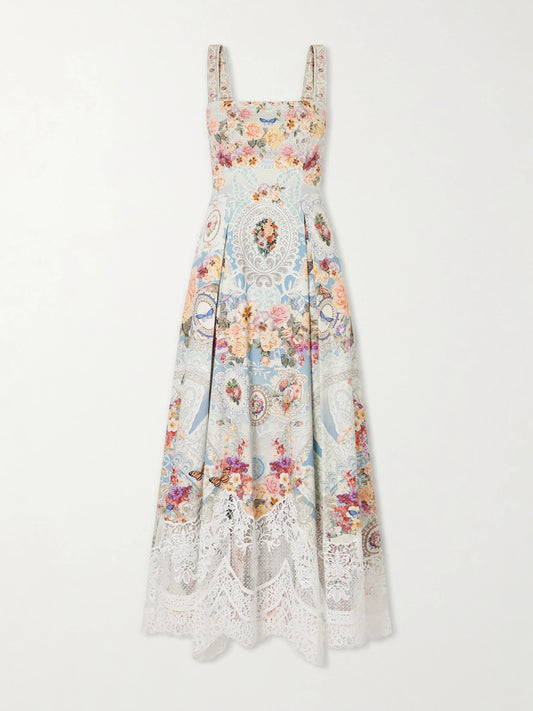 Printed Lace-trimmed Cotton-blend Midi Dress
