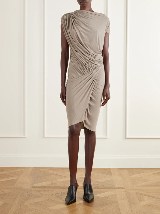 Rick Owens Ares Asymmetric Draped Gathered Stretch-jersey Mini Dress