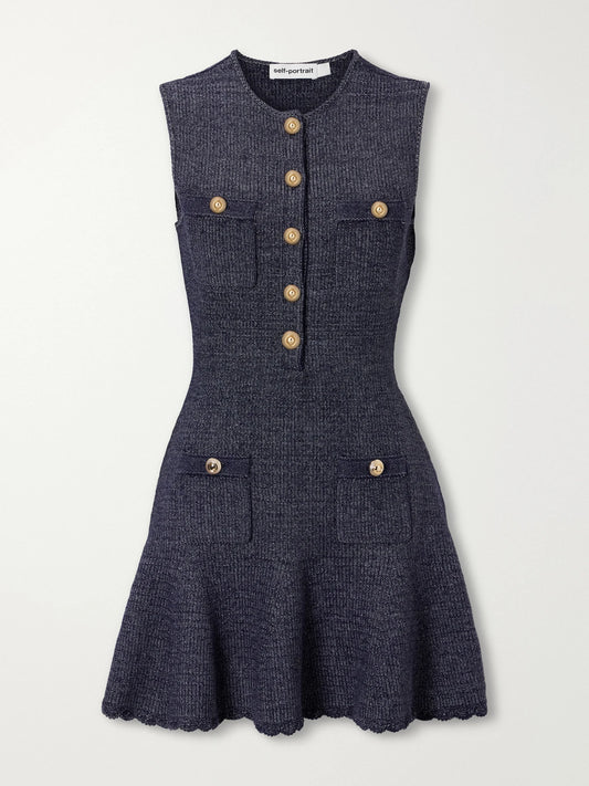 Self-Portrait Scalloped Knitted Cotton-blend Mini Dress