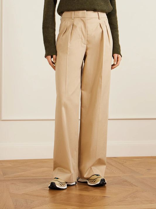 Appliquéd Pleated Cotton-twill Wide-leg Pants