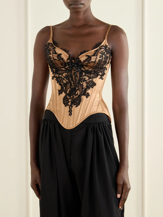 Wiederhoeft Embellished Lace-trimmed Silk-satin Corset Top