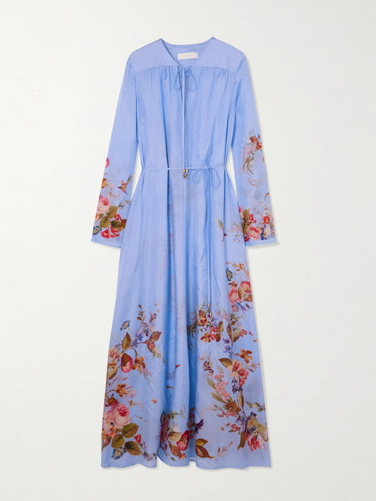 Patience Gathered Floral-print Silk Maxi Dress