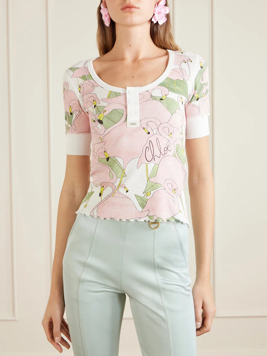 Printed Ribbed Cotton-jersey T-shirt