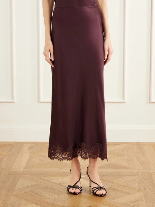 RIXO Matilde Lace-trimmed Satin Midi Skirt