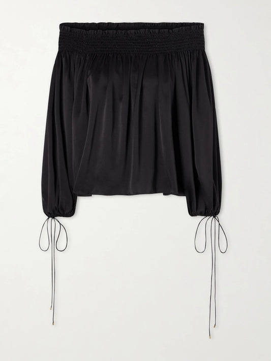 Off-the-shoulder Gathered Silk-satin Blouse