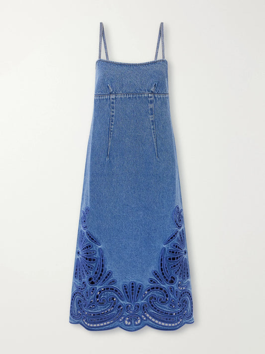 Ulla Johnson The Jane Eyelet Broderie Anglaise Denim Midi Dress
