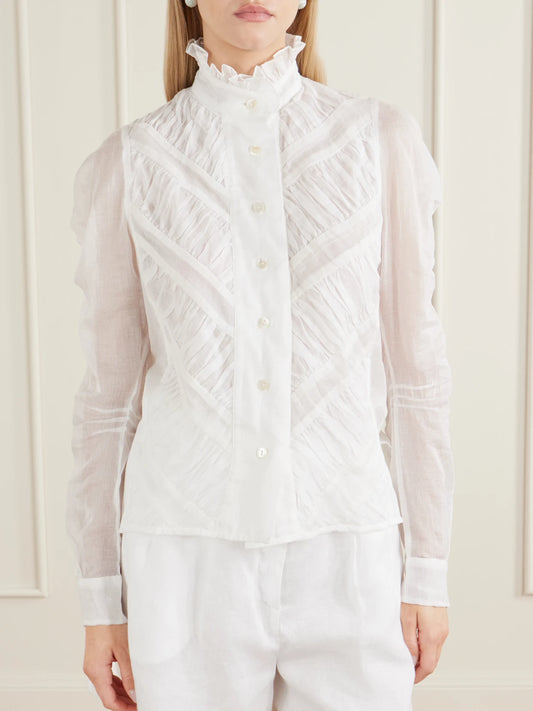 Wind Ruffled Ruched Cotton-voile Blouse