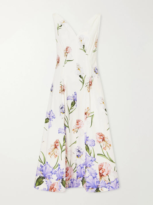 Oscar de la Renta Pleated Floral-print Stretch Cotton-blend Poplin Midi Dress