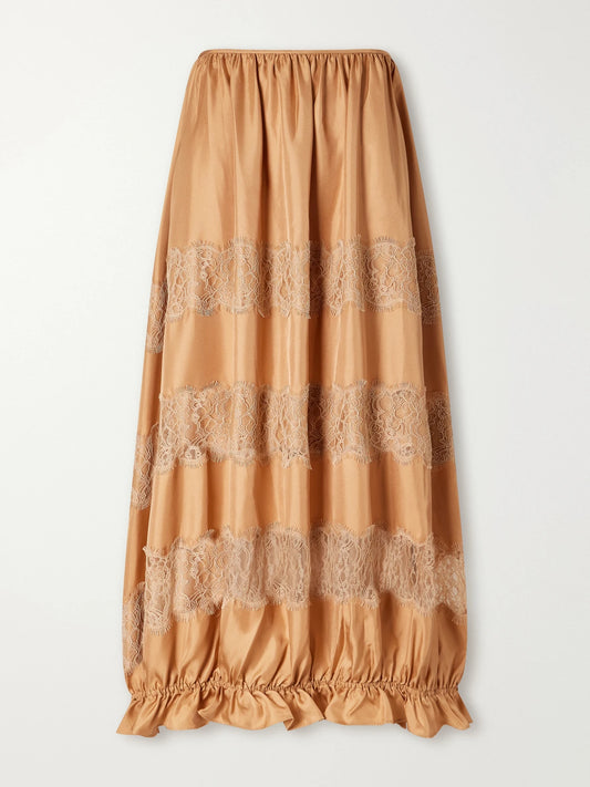 Ulla Johnson Chantal Tiered Gathered Lace-trimmed Silk-charmeuse Midi Skirt