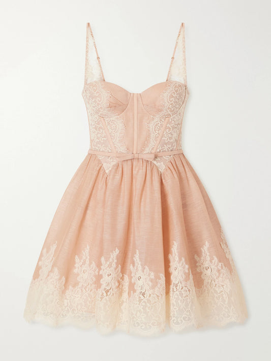 Zimmermann Valiant Belted Lace-trimmed Linen And Silk-blend Corset Mini Dress