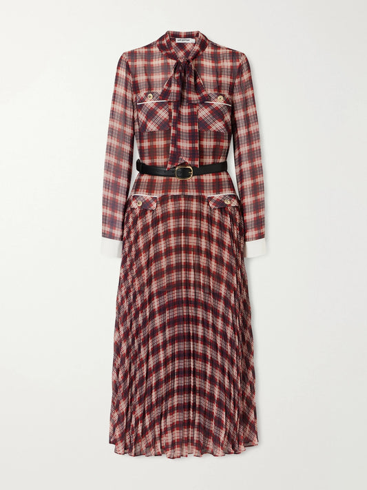 Self-Portrait Belted Checked Chiffon Midi Dress