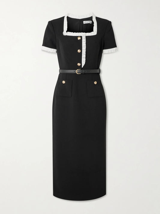 Belted Ruffled Lace-trimmed Crepe Midi Dress