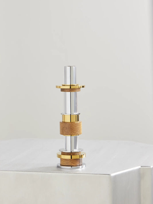 Christofle Myriade Large Stainless Steel, Gold-tone, Oak And Glass Candle Holder