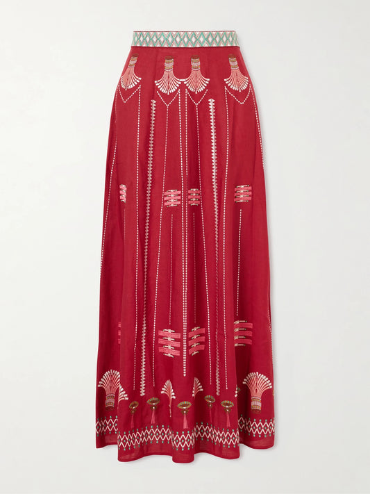 Embroidered Linen And Cotton-blend Maxi Skirt