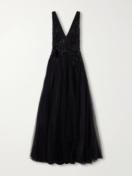 Costarellos Vianna Embellished Velvet-trimmed Tulle Gown