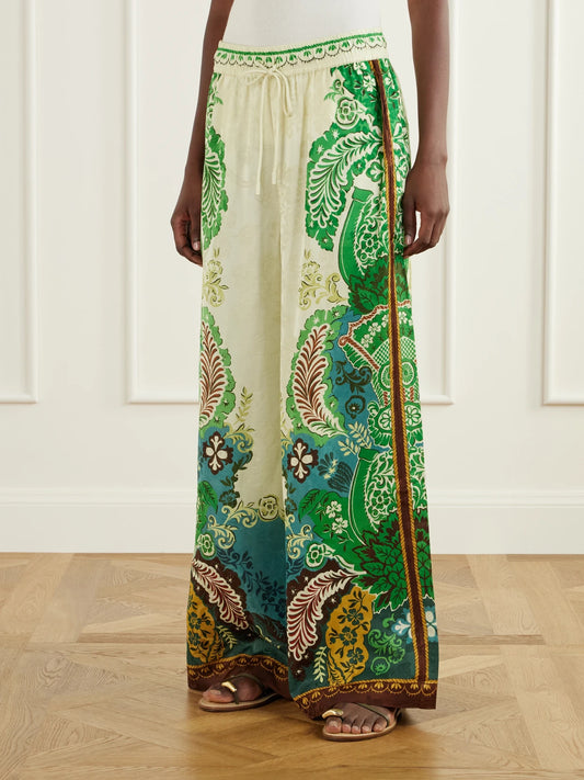 ALÉMAIS Florence Drawstring Floral-print Satin-jacquard Wide-leg Pants