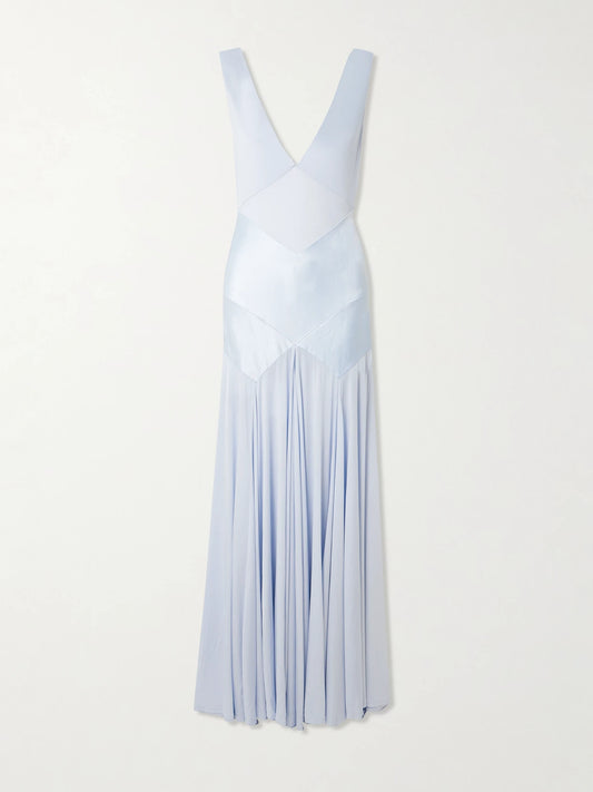 Pleated Paneled Satin And Stretch-jersey Maxi Dress