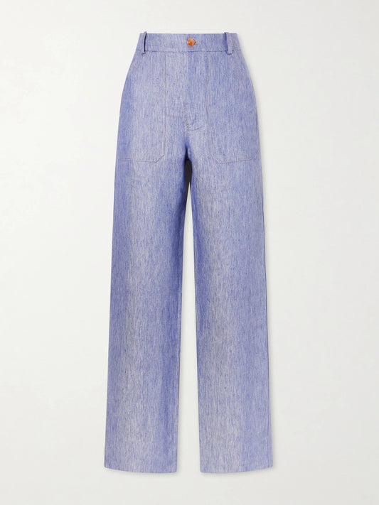 Linen-denim Straight-leg Trousers