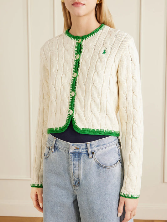Ebroidered Cable-knit Cotton-blend Cardigan