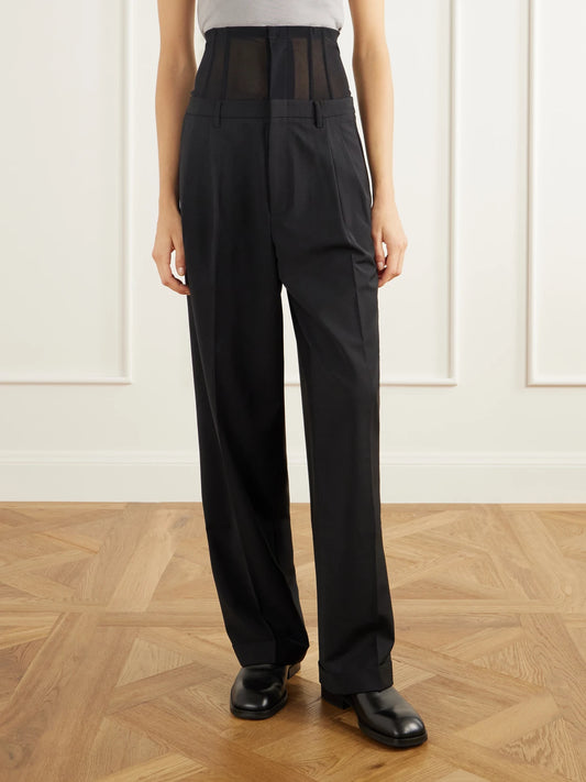 Tibi Mesh-trimmed Pleated Fresco Straight-leg Pants