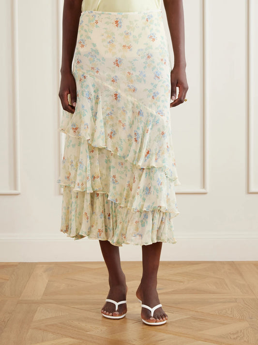 Meadow Floral-print Crepon-silk Midi Skirt