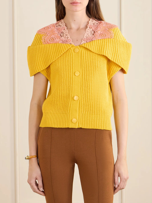 Lace-trimmed Ribbed-knit Cotton Cardigan