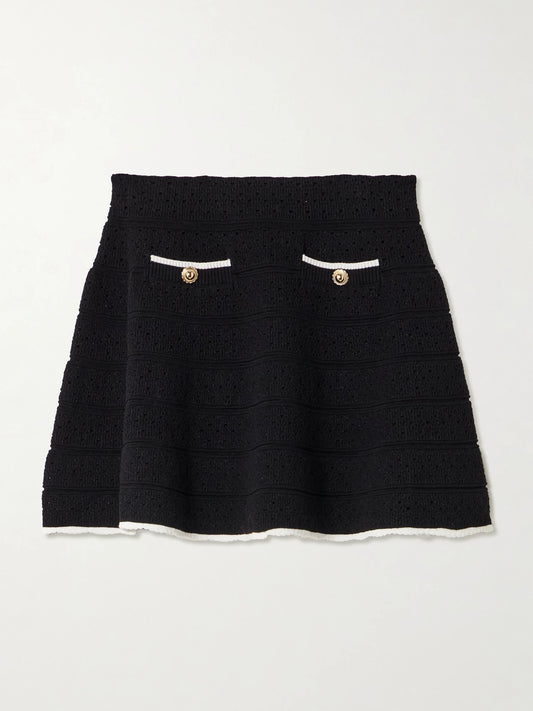 Button-embellished Metallic Cotton-blend Pointelle-knit Mini Skirt