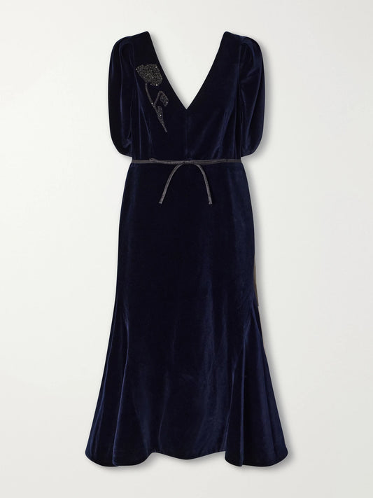 Erdem Bead-embellished Satin-trimmed Cotton-velvet Midi Dress