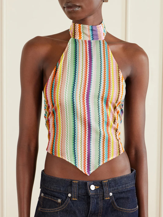 Striped Cotton And Silk-blend Crepe De Chine Halterneck Top