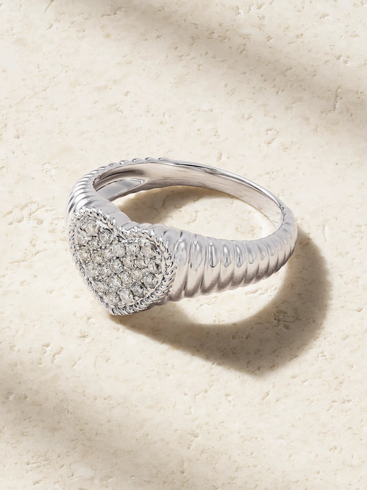 Baby Chevalière Coeur Berlingot 9-karat White Gold Diamond Signet Ring