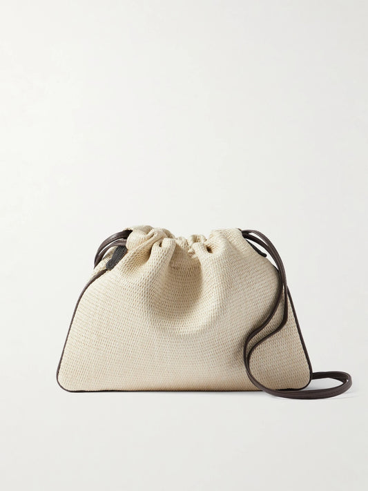 Brunello Cucinelli Embellished Leather-trimmed Raffia Shoulder Bag