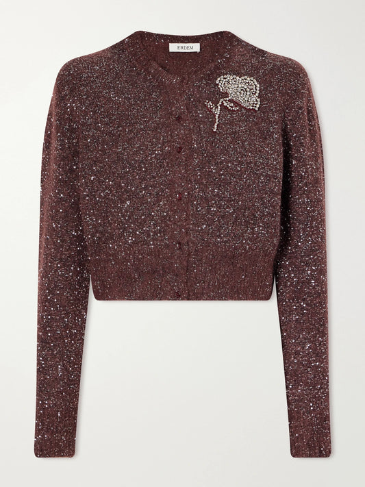 Erdem Crystal-embellished Cropped Sequined Alpaca-blend Cardigan