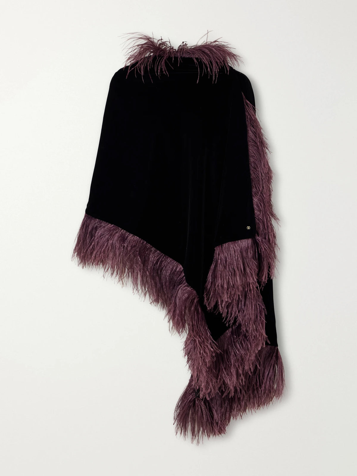 Valentino Garavani Vlogo-embellished Feather-trimmed Velvet Wrap